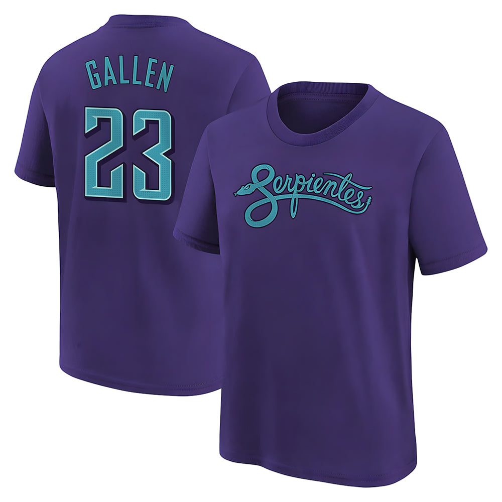 Minshop A.Diamondbacks #23 Zac Gallen Player Purple Fuse City Connect round collar T shirt Stitched Jerseys