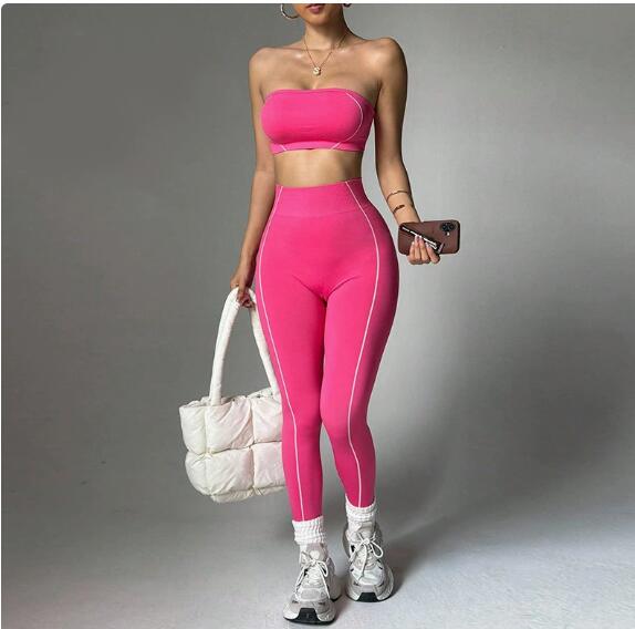 Best selling yoga set for women color matched racerback top with peachy hips fitted long pants for fitness and exercise