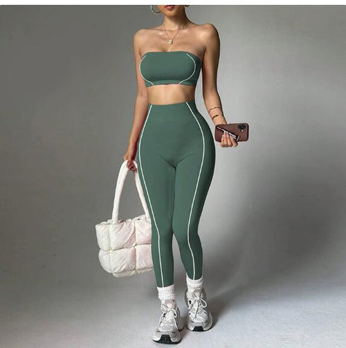 Best selling yoga set for women color matched racerback top with peachy hips fitted long pants for fitness and exercise